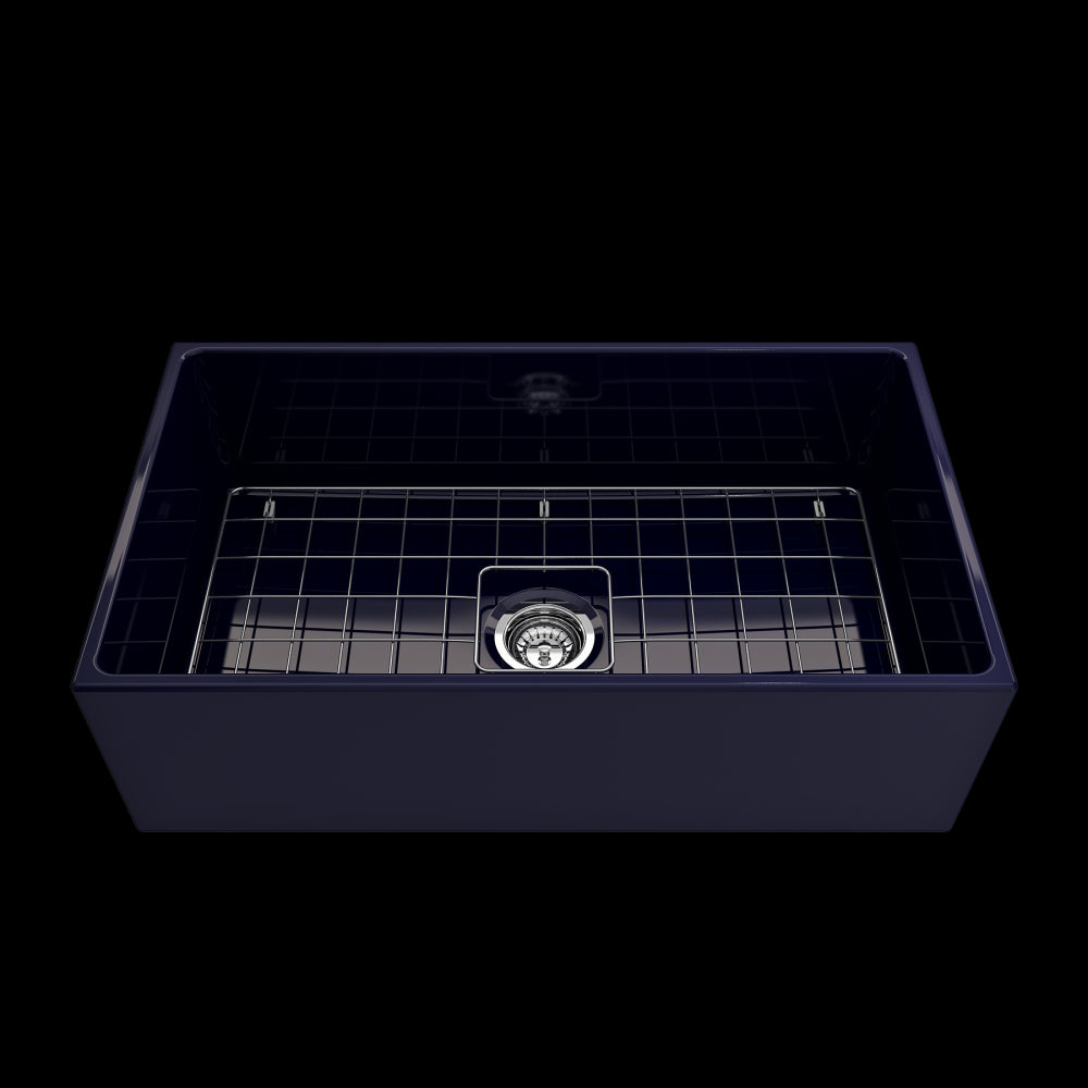 Contempo Apron Front Fireclay 33 in. Single Bowl Kitchen Sink with Protective Bottom Grid and Strainer in Sapphire Blue