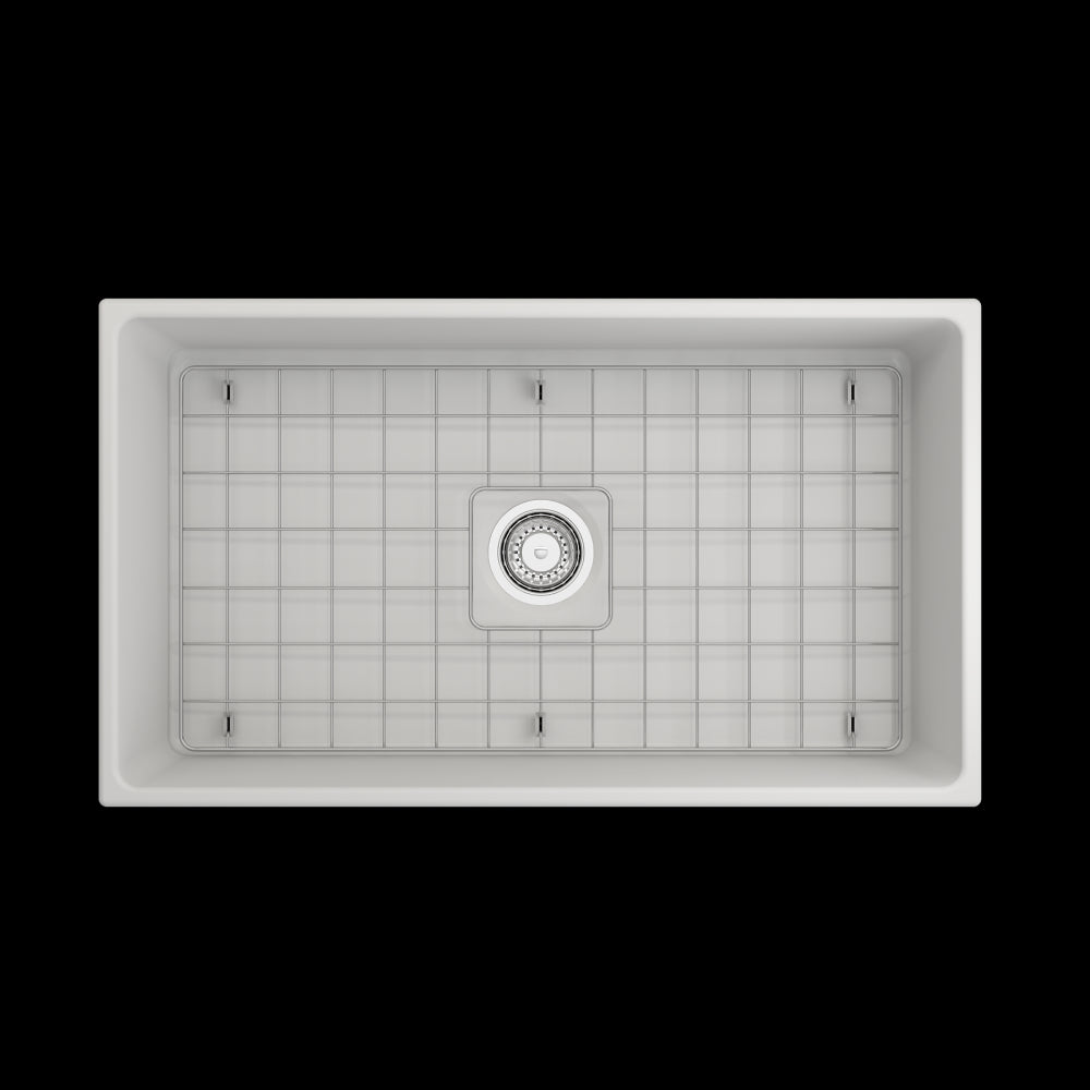 Contempo Apron Front Fireclay 33 in. Single Bowl Kitchen Sink with Protective Bottom Grid and Strainer in White, Matte White