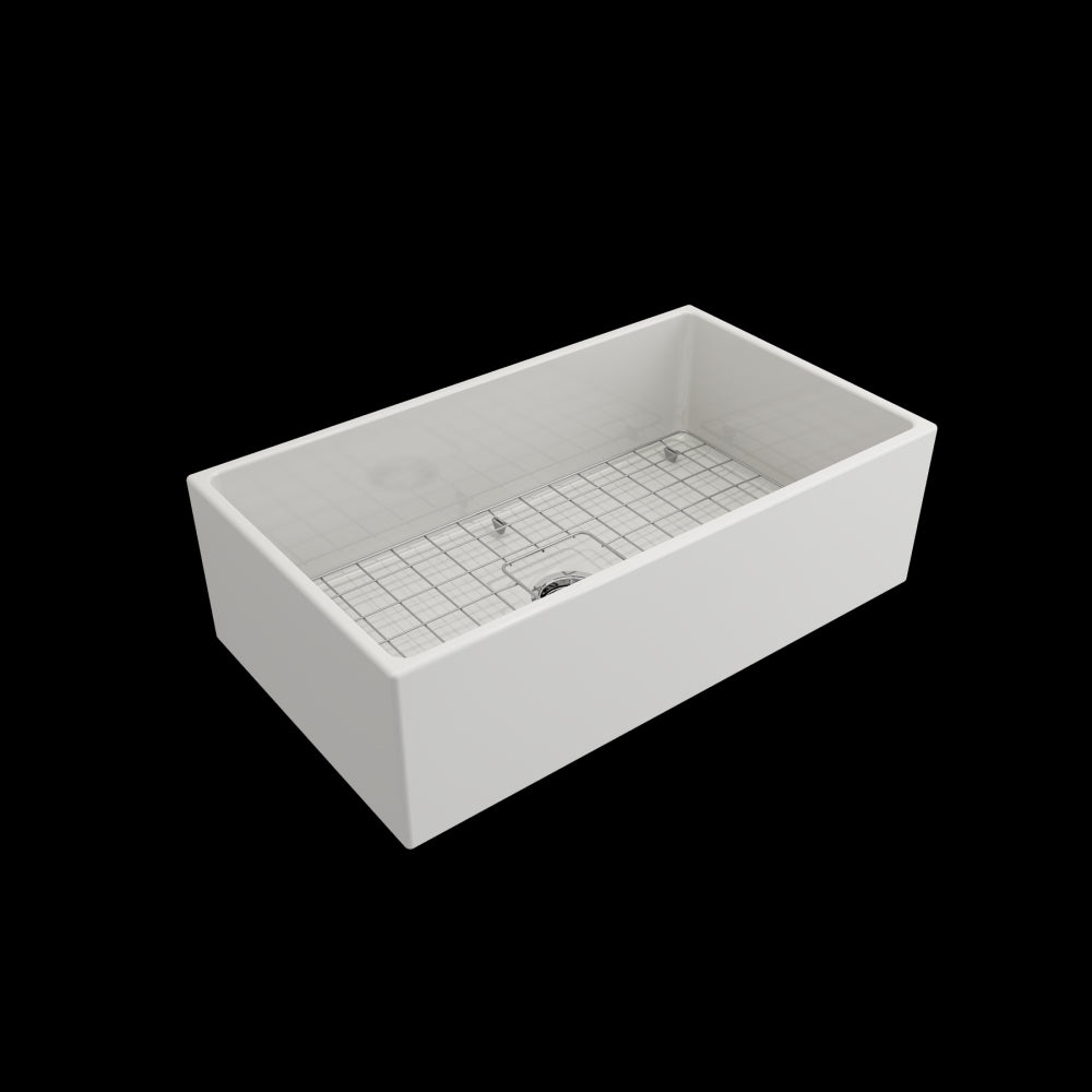 Contempo Apron Front Fireclay 33 in. Single Bowl Kitchen Sink with Protective Bottom Grid and Strainer in White, White