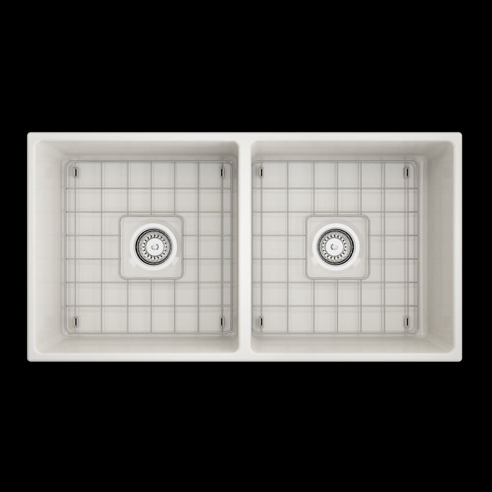 Contempo Apron Front Fireclay 36 in. Double Bowl Kitchen Sink with Protective Bottom Grids and Strainers in Biscuit