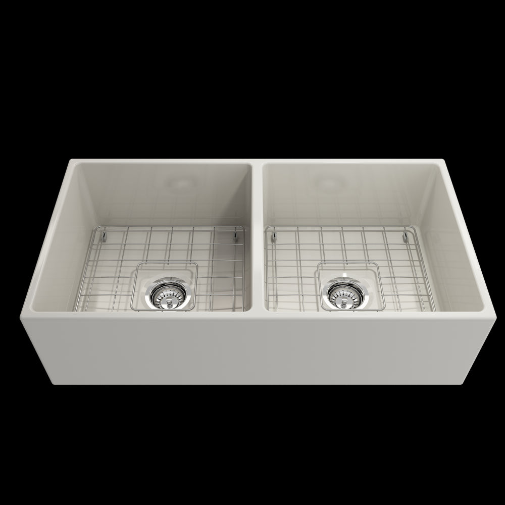 Contempo Apron Front Fireclay 36 in. Double Bowl Kitchen Sink with Protective Bottom Grids and Strainers in Biscuit