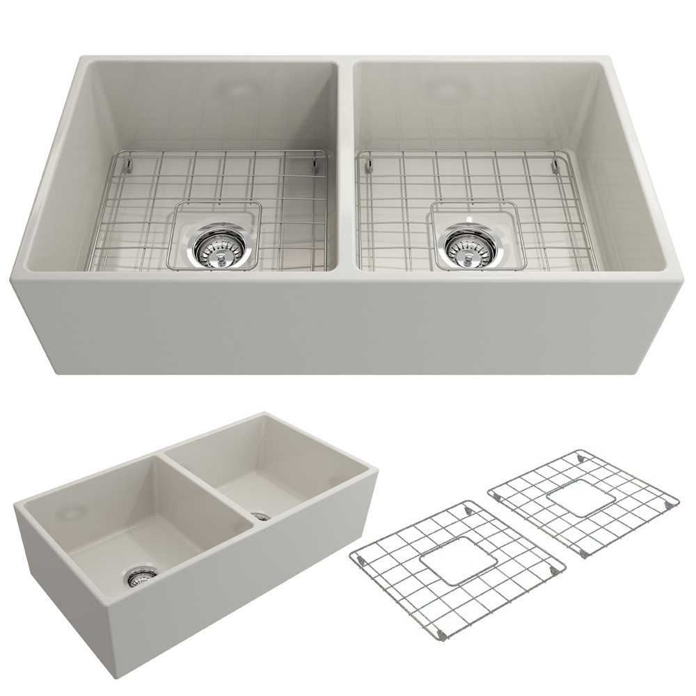 Contempo Apron Front Fireclay 36 in. Double Bowl Kitchen Sink with Protective Bottom Grids and Strainers in Biscuit