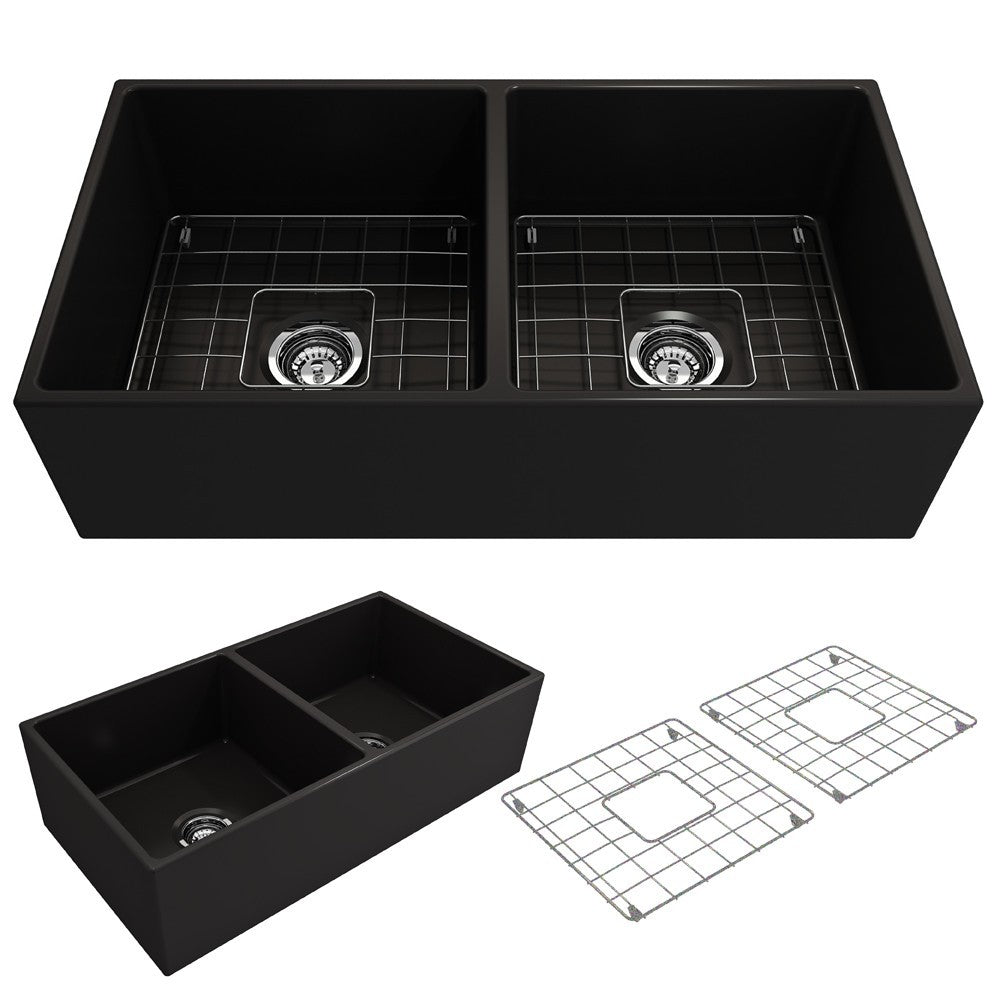 Contempo Apron Front Fireclay 36 in. Double Bowl Kitchen Sink with Protective Bottom Grids and Strainers in Black