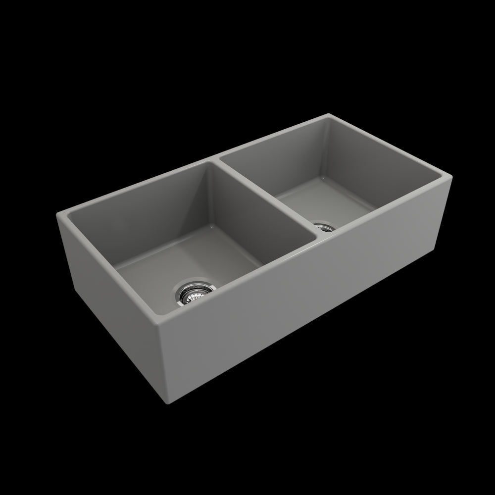 Contempo Apron Front Fireclay 36 in. Double Bowl Kitchen Sink with Protective Bottom Grids and Strainers in Matte Gray