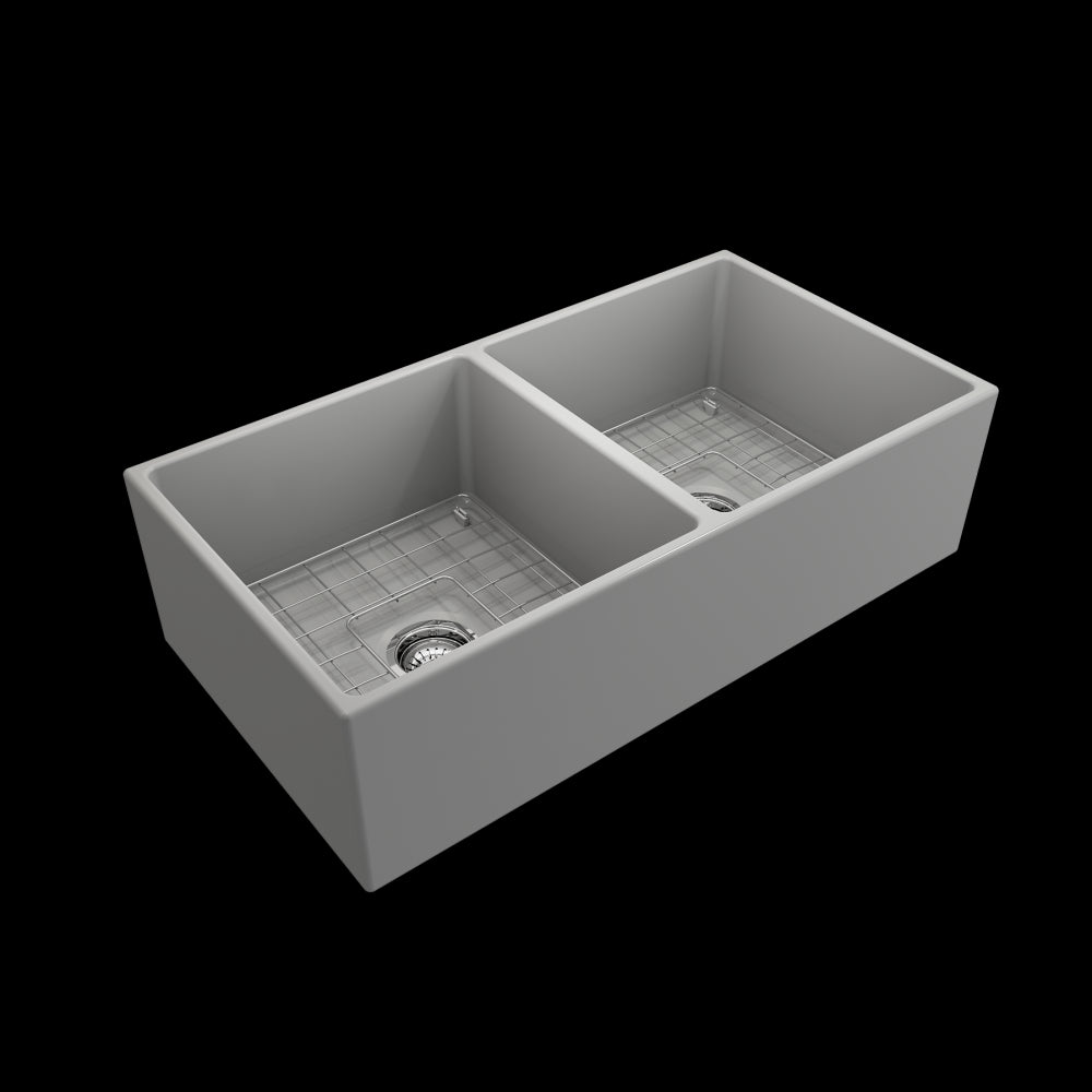 Contempo Apron Front Fireclay 36 in. Double Bowl Kitchen Sink with Protective Bottom Grids and Strainers in Matte Gray