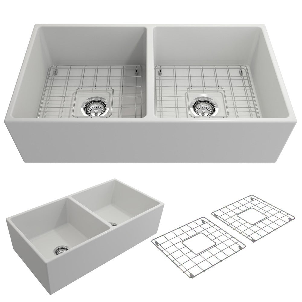 Contempo Apron Front Fireclay 36 in. Double Bowl Kitchen Sink with Protective Bottom Grids and Strainers in Matte White