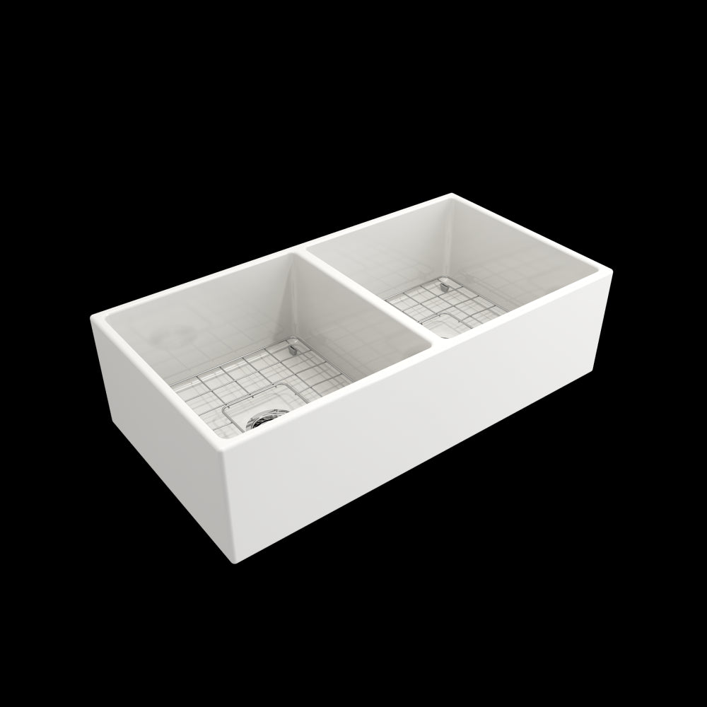 Contempo Apron Front Fireclay 36 in. Double Bowl Kitchen Sink with Protective Bottom Grids and Strainers in White