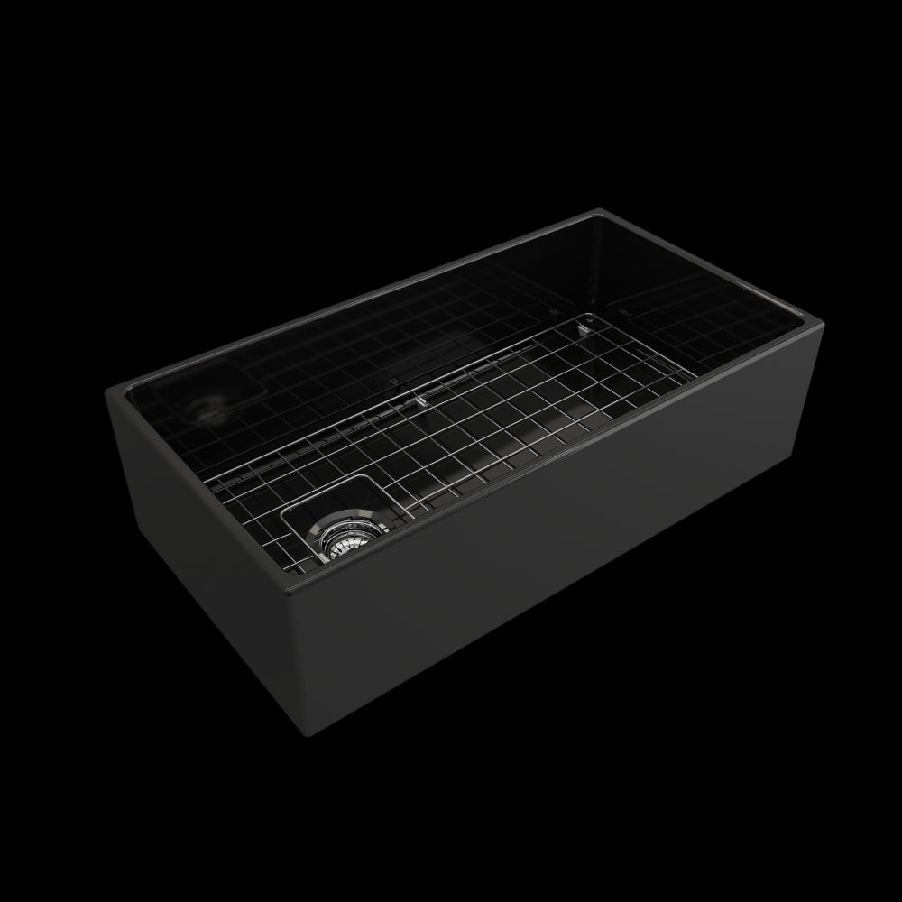 Contempo Apron Front Fireclay 36 in. Single Bowl Kitchen Sink with Protective Bottom Grid and Strainer in Black