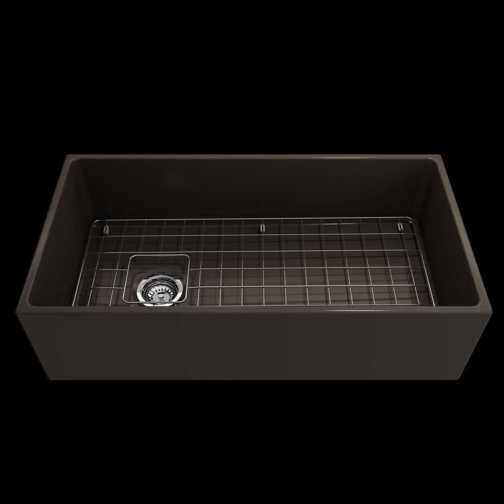 Contempo Apron Front Fireclay 36 in. Single Bowl Kitchen Sink with Protective Bottom Grid and Strainer in Matte Brown