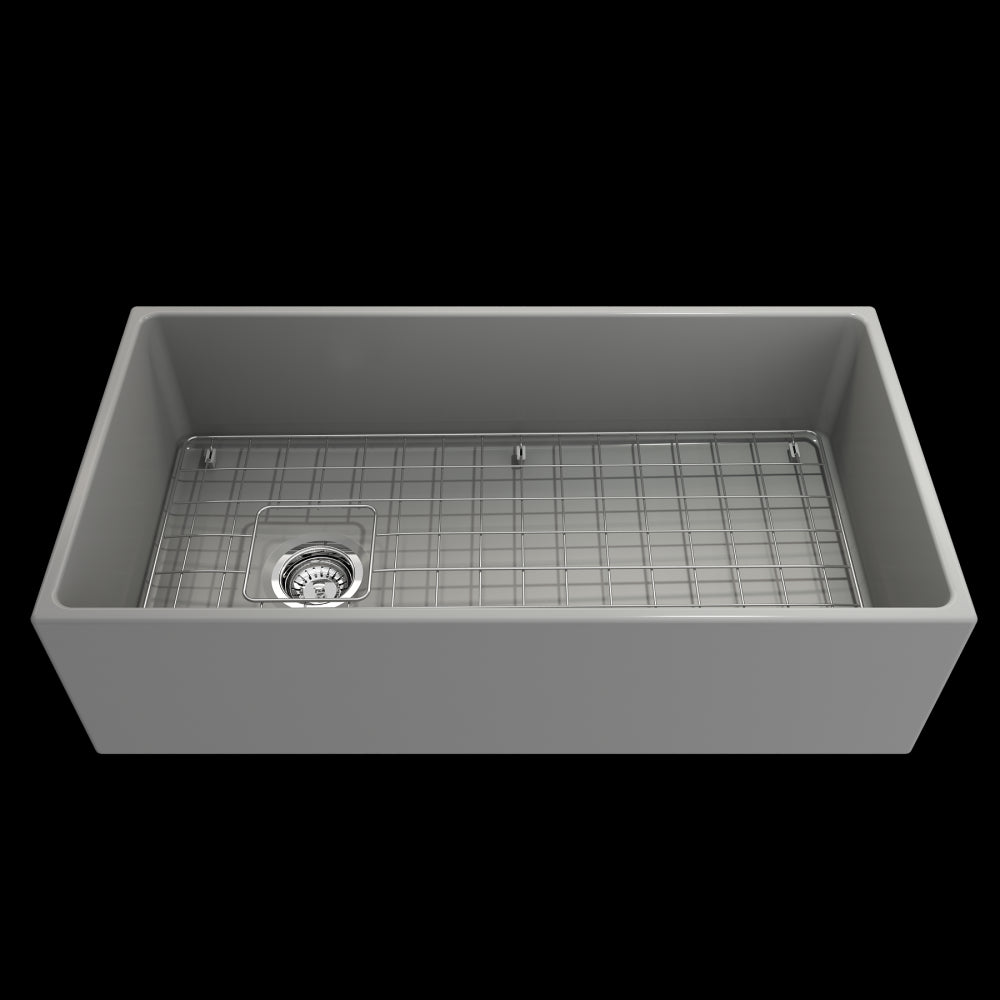 Contempo Apron Front Fireclay 36 in. Single Bowl Kitchen Sink with Protective Bottom Grid and Strainer in Matte Gray