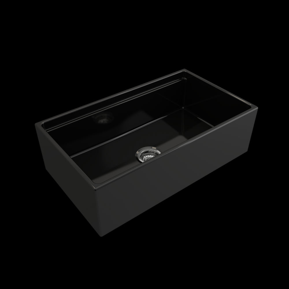 Contempo Apron Front Step Rim with Integrated Work Station Fireclay 33 in. Single Bowl Kitchen Sink with Accessories in Black