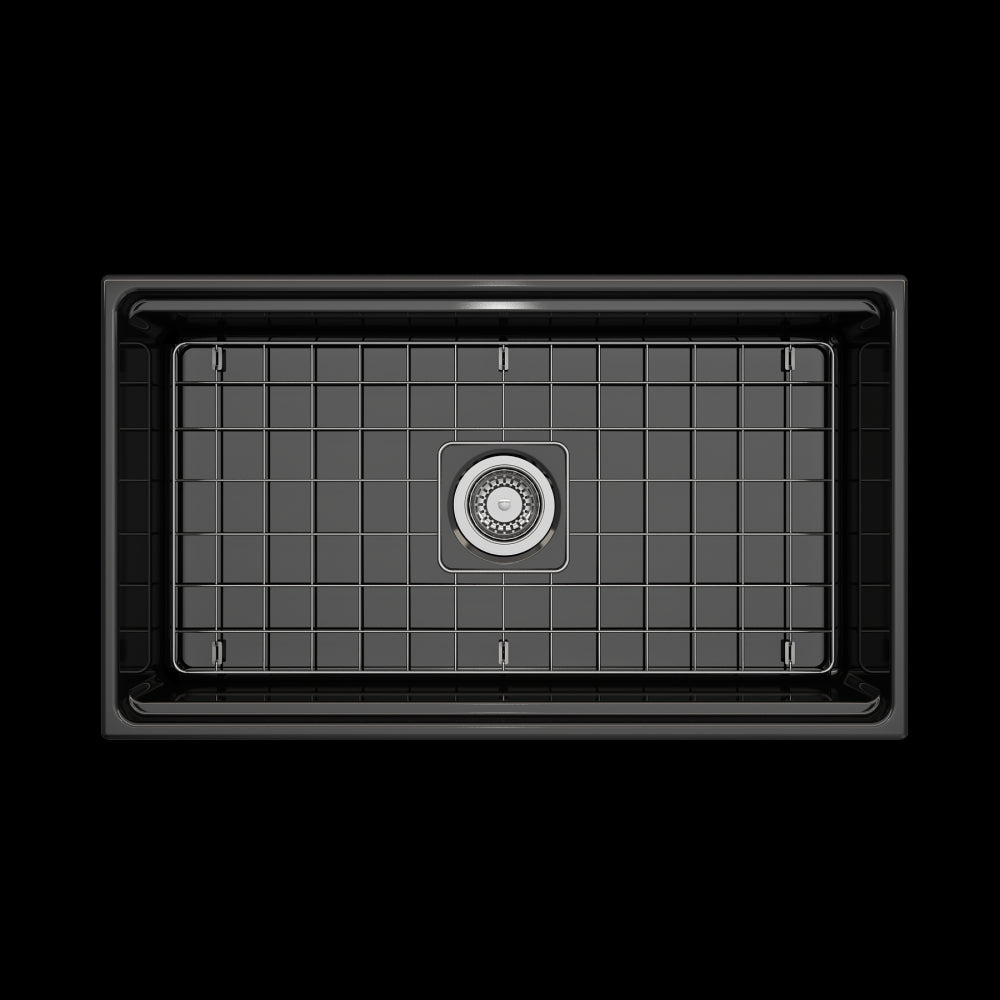Contempo Apron Front Step Rim with Integrated Work Station Fireclay 33 in. Single Bowl Kitchen Sink with Accessories in Black