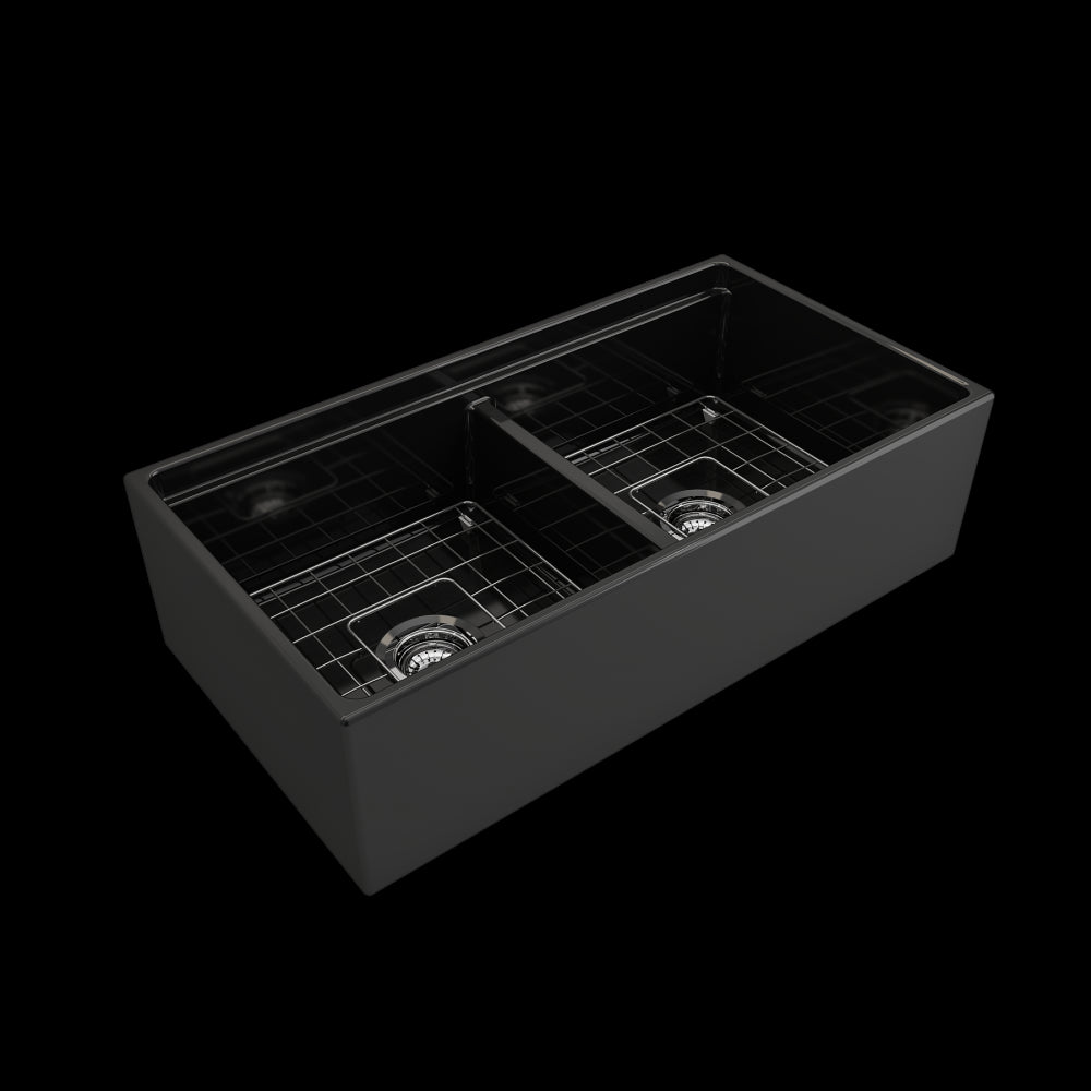 Contempo Apron Front Step Rim with Integrated Work Station Fireclay 36 in. Double Bowl Kitchen Sink with Accessories in Black