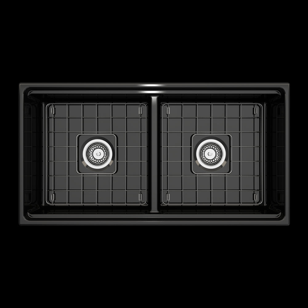 Contempo Apron Front Step Rim with Integrated Work Station Fireclay 36 in. Double Bowl Kitchen Sink with Accessories in Black