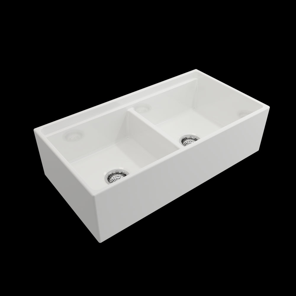 Contempo Apron Front Step Rim with Integrated Work Station Fireclay 36 in. Double Bowl Kitchen Sink with Accessories in White