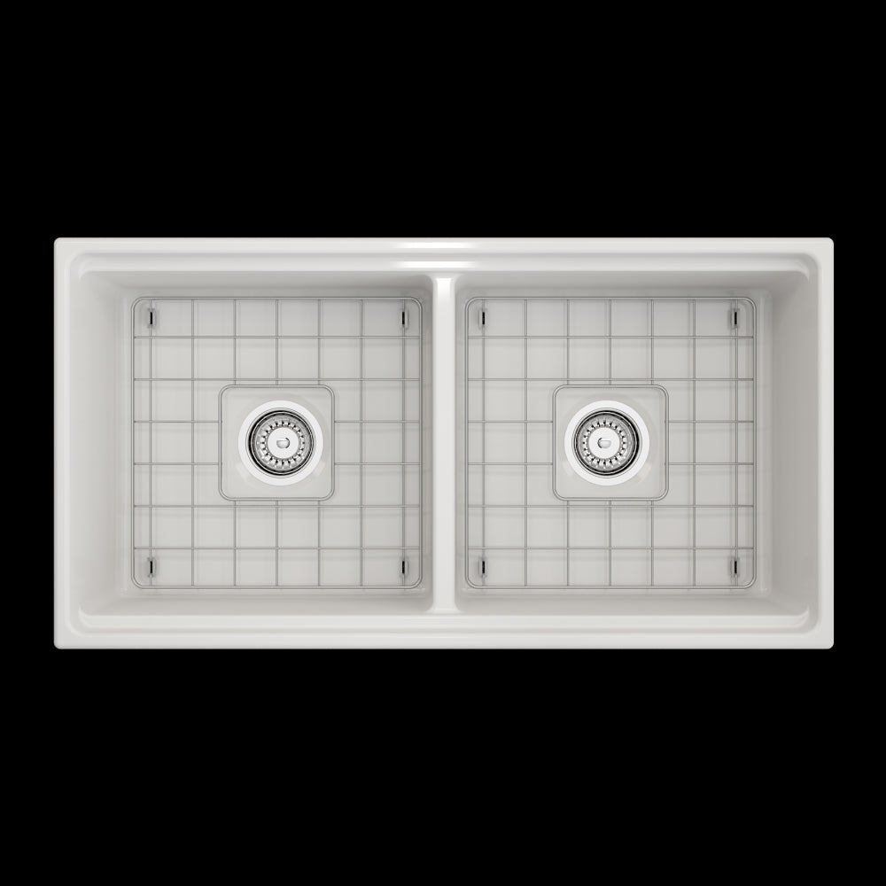 Contempo Apron Front Step Rim with Integrated Work Station Fireclay 36 in. Double Bowl Kitchen Sink with Accessories in White