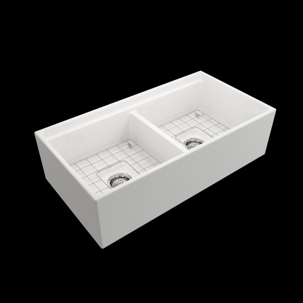 Contempo Apron Front Step Rim with Integrated Work Station Fireclay 36 in. Double Bowl Kitchen Sink with Accessories in White