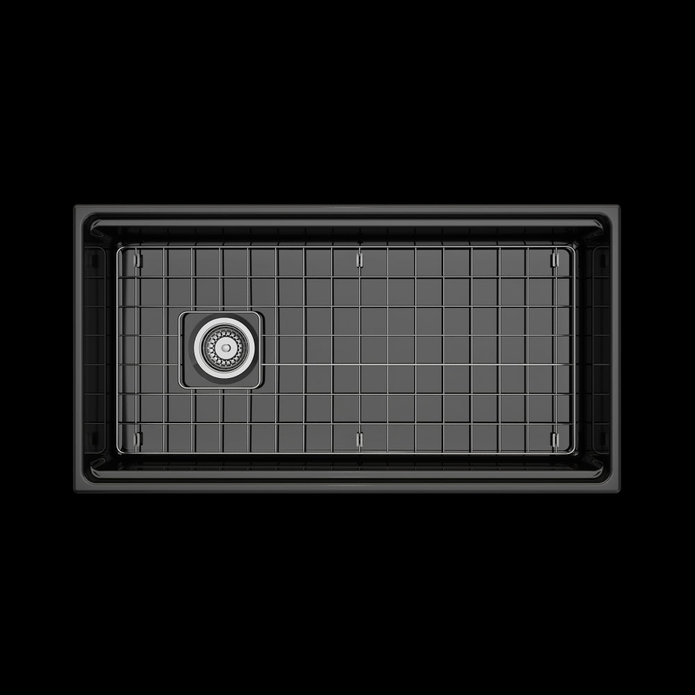 Contempo Apron Front Step Rim with Integrated Work Station Fireclay 36 in. Single Bowl Kitchen Sink with Accessories in Black
