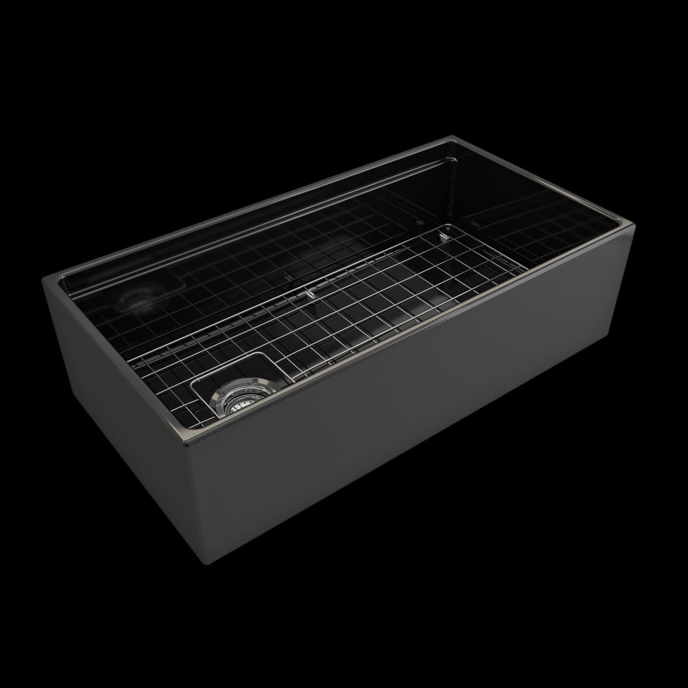 Contempo Apron Front Step Rim with Integrated Work Station Fireclay 36 in. Single Bowl Kitchen Sink with Accessories in Black