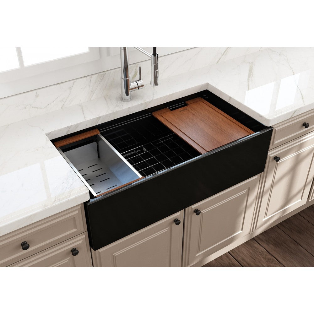 Contempo Apron Front Step Rim with Integrated Work Station Fireclay 36 in. Single Bowl Kitchen Sink with Accessories in Black