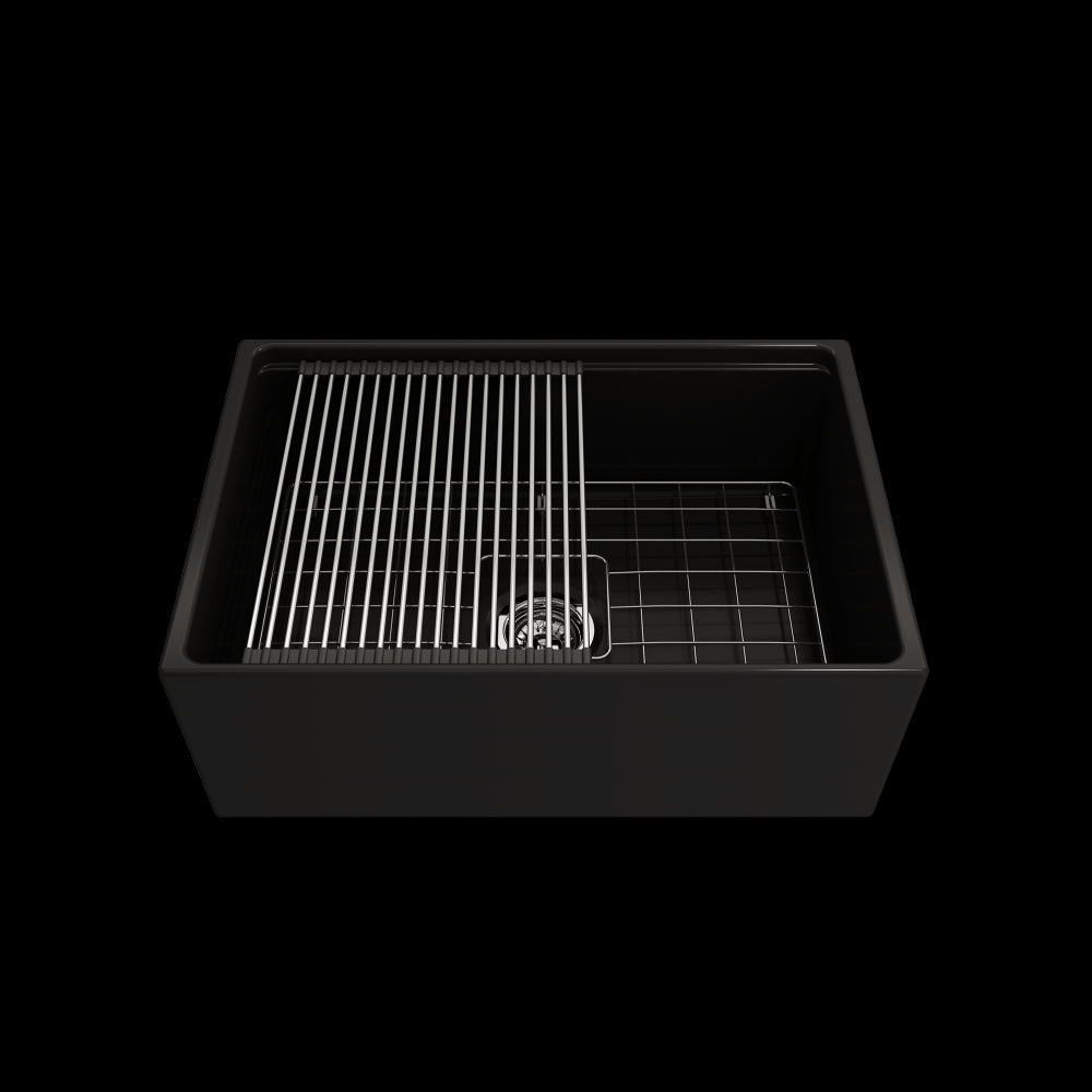 Contempo Step-Rim Apron Front Fireclay 27 in. Single Kitchen Sink in Matte Black
