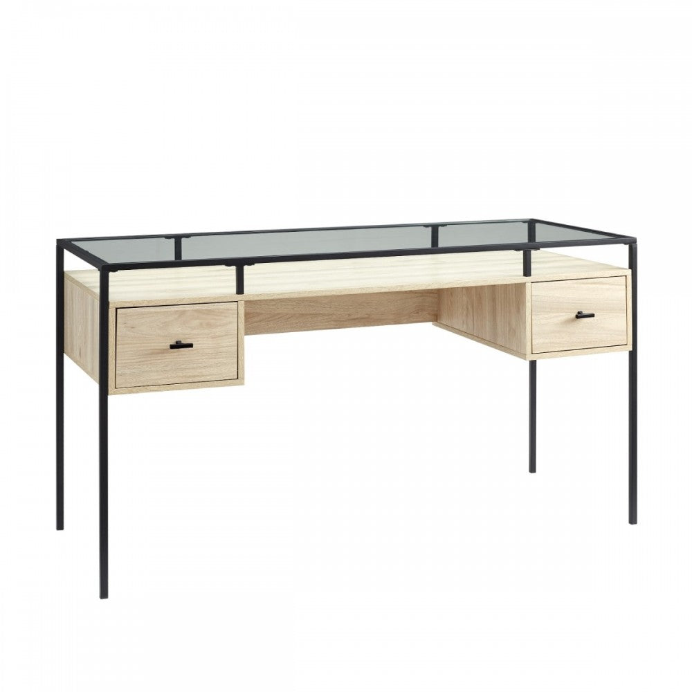 Contemporary 56" Glass Top 2-Tier Executive Desk - Birch