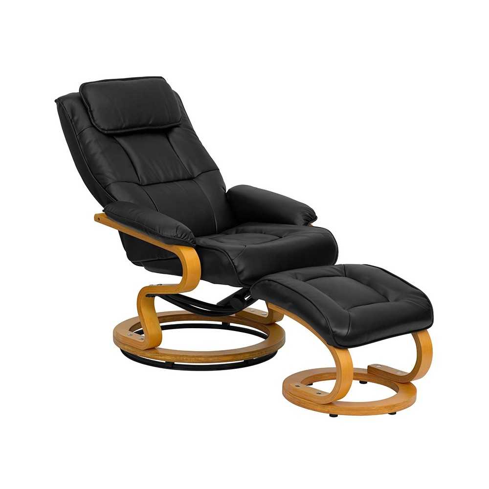 Contemporary Adjustable Recliner and Ottoman with Swivel Maple Wood Base in Black LeatherSoft