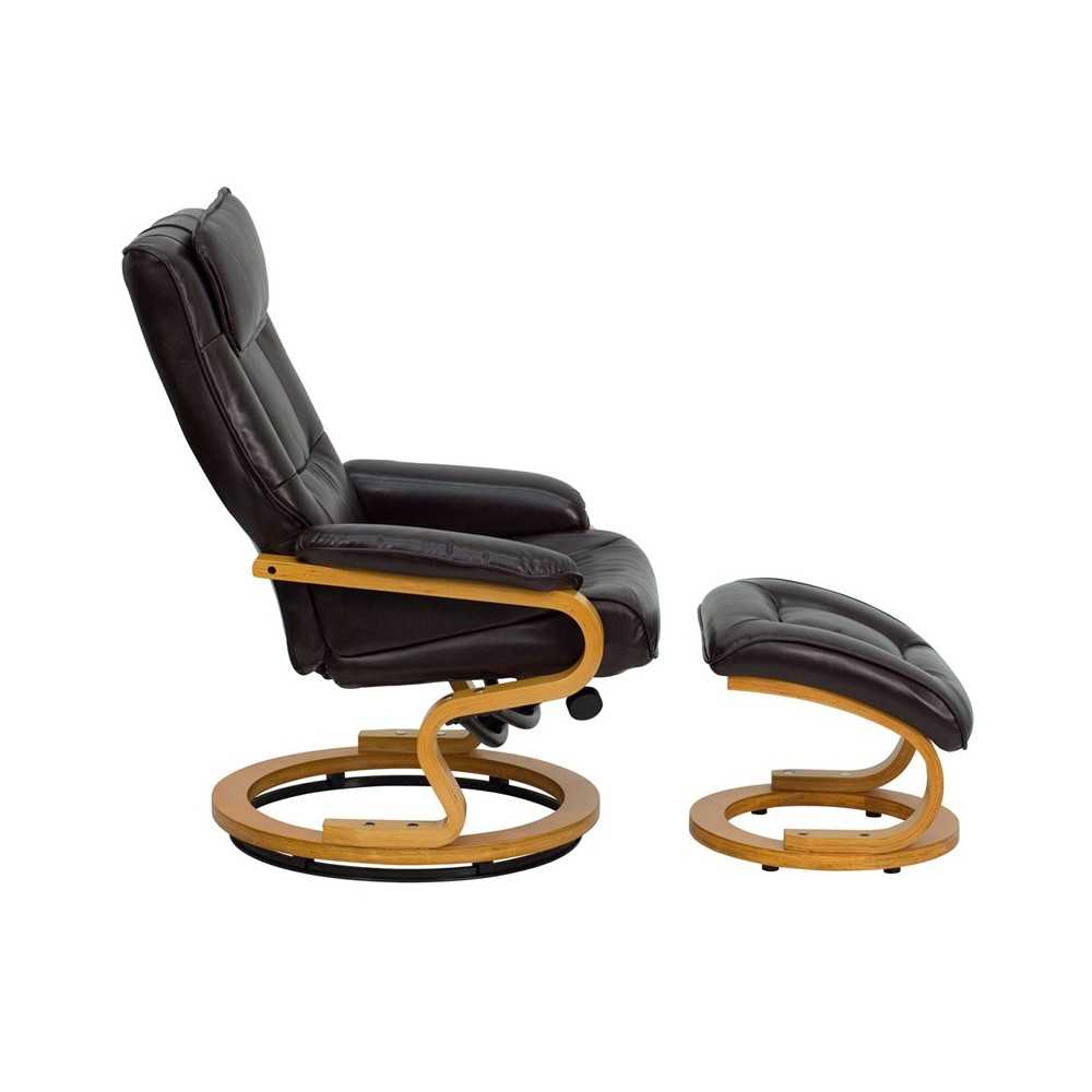 Contemporary Adjustable Recliner and Ottoman with Swivel Maple Wood Base in Brown LeatherSoft