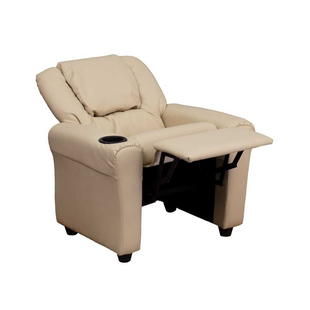Contemporary Beige Vinyl Kids Recliner with Cup Holder and Headrest