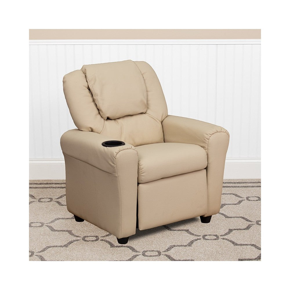 Contemporary Beige Vinyl Kids Recliner with Cup Holder and Headrest