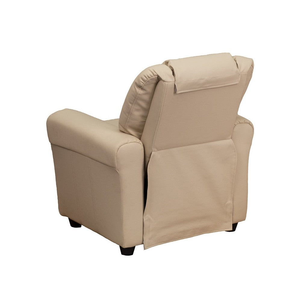 Contemporary Beige Vinyl Kids Recliner with Cup Holder and Headrest