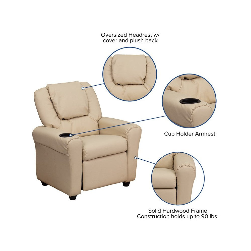 Contemporary Beige Vinyl Kids Recliner with Cup Holder and Headrest