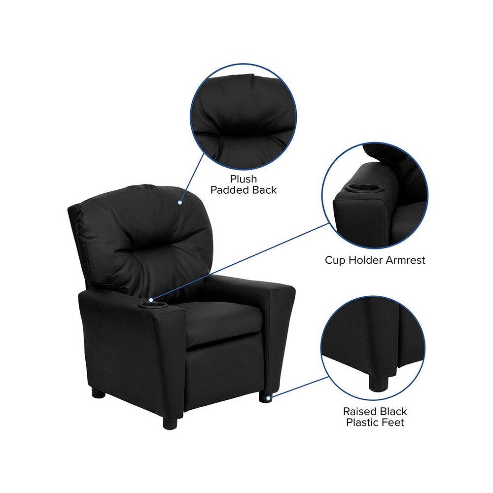 Contemporary Black LeatherSoft Kids Recliner with Cup Holder