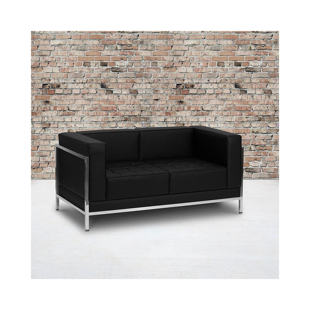 Contemporary Black LeatherSoft Loveseat with Encasing Frame