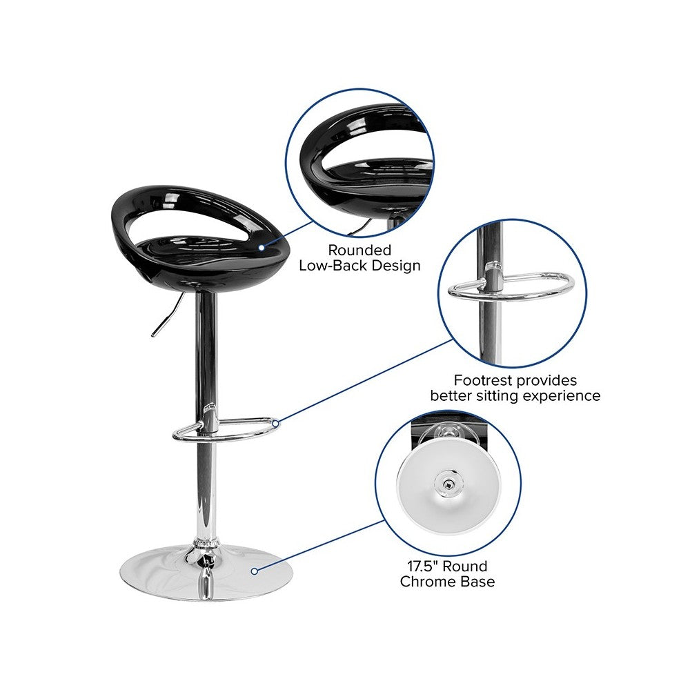 Contemporary Black Plastic Adjustable Height Barstool with Rounded Cutout Back and Chrome Base