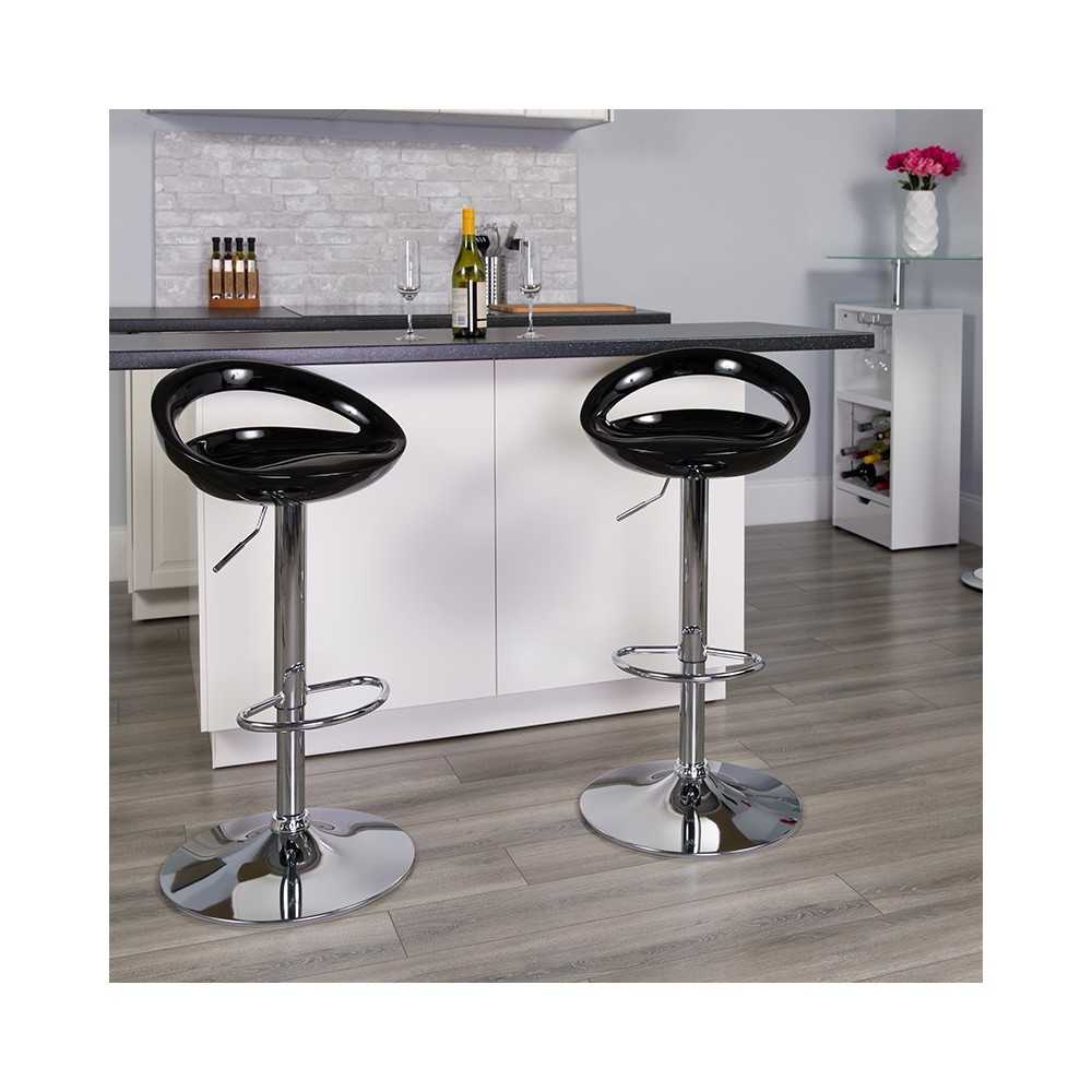Contemporary Black Plastic Adjustable Height Barstool with Rounded Cutout Back and Chrome Base