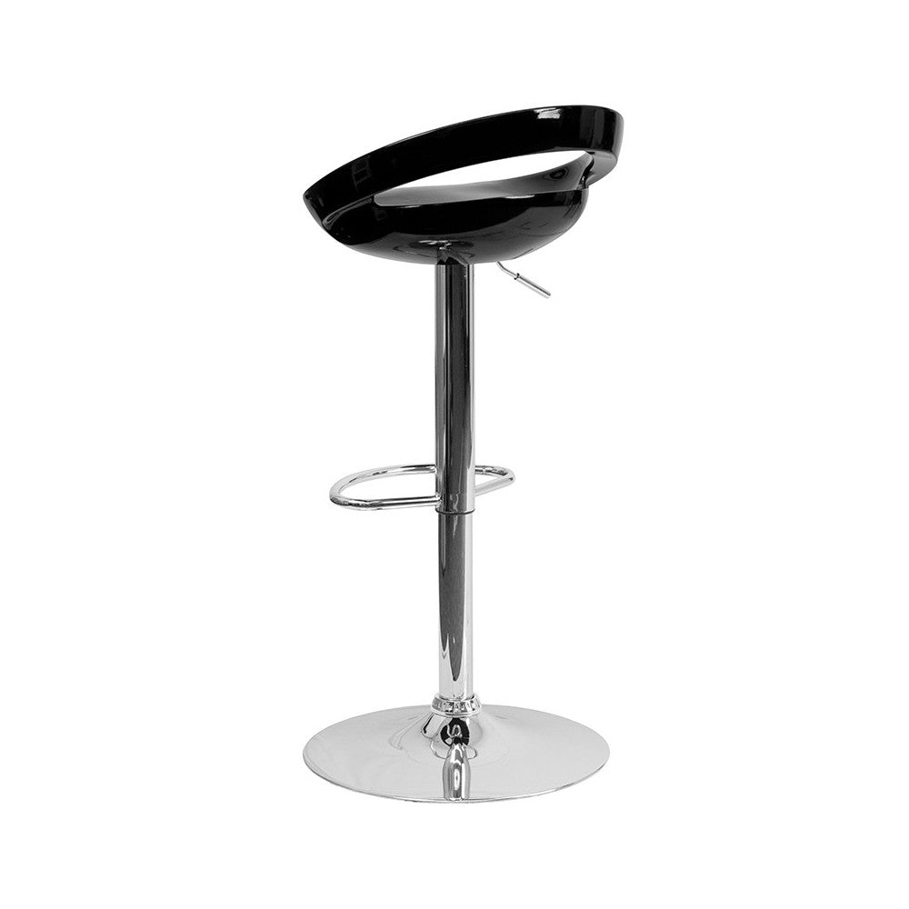 Contemporary Black Plastic Adjustable Height Barstool with Rounded Cutout Back and Chrome Base
