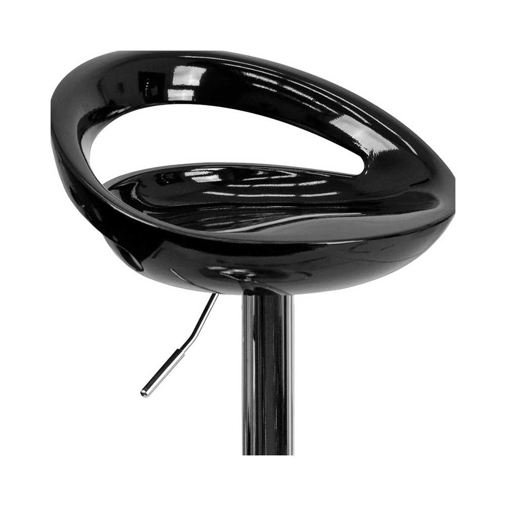 Contemporary Black Plastic Adjustable Height Barstool with Rounded Cutout Back and Chrome Base
