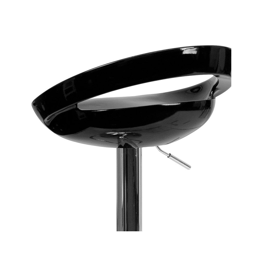 Contemporary Black Plastic Adjustable Height Barstool with Rounded Cutout Back and Chrome Base