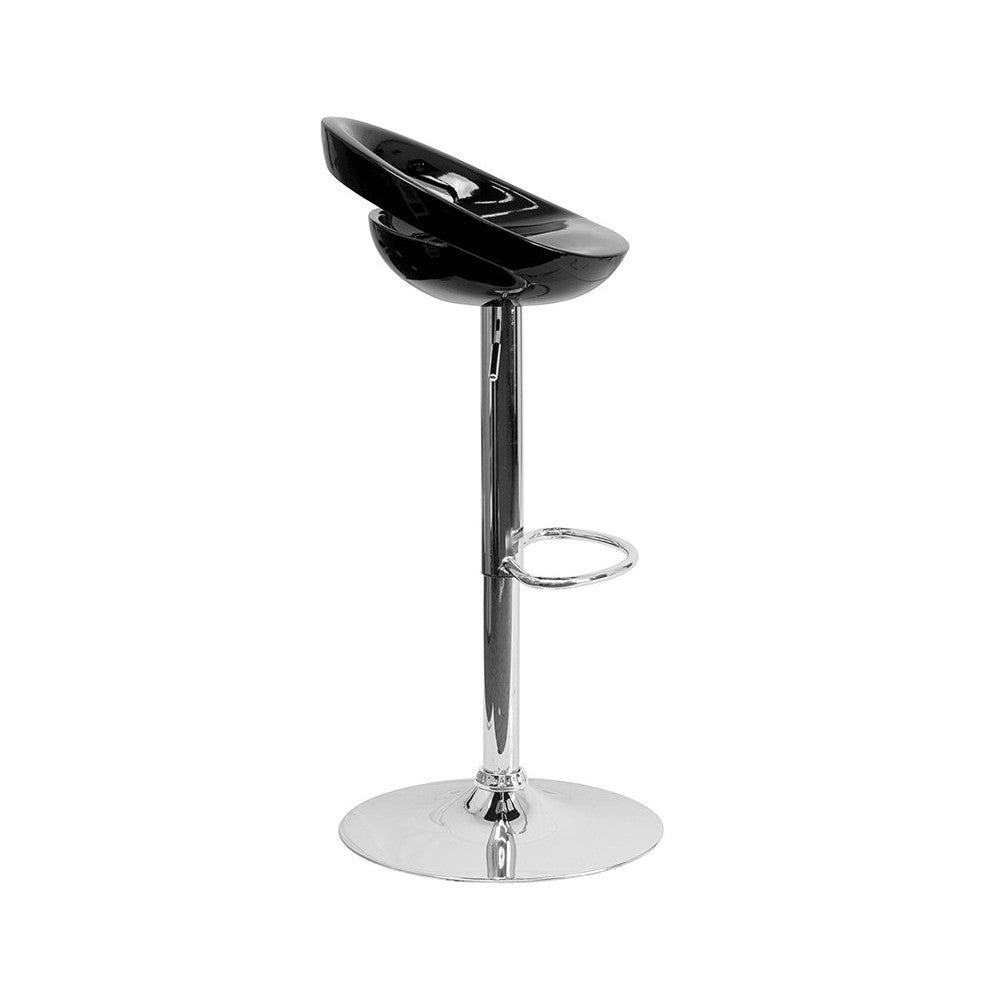 Contemporary Black Plastic Adjustable Height Barstool with Rounded Cutout Back and Chrome Base