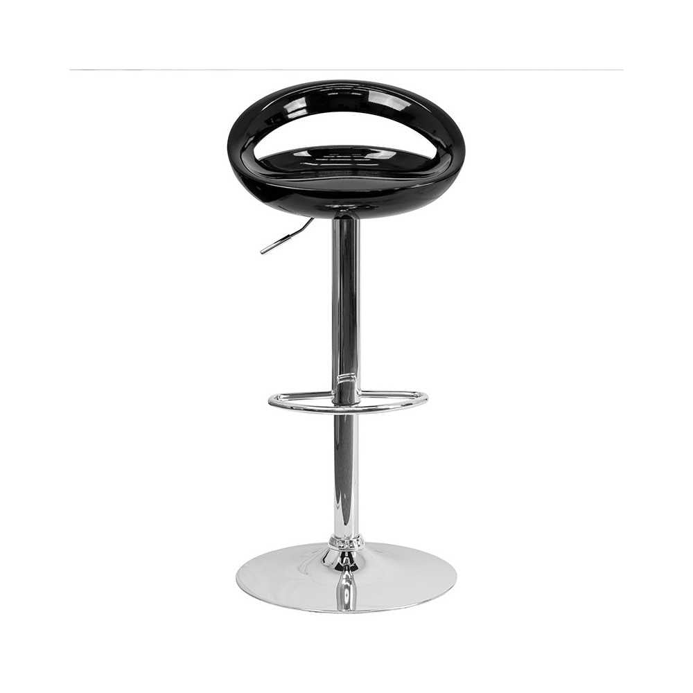 Contemporary Black Plastic Adjustable Height Barstool with Rounded Cutout Back and Chrome Base
