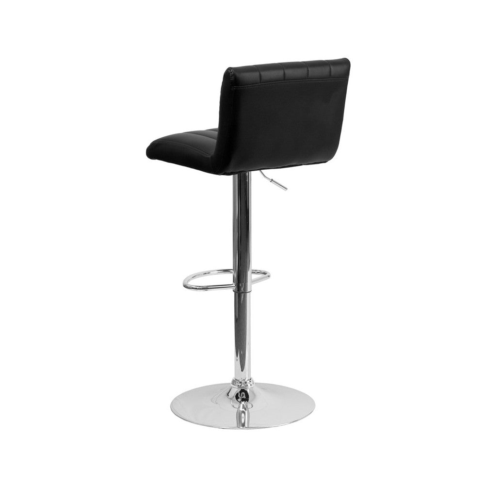 Contemporary Black Vinyl Adjustable Height Barstool with Vertical Stitch Back/Seat and Chrome Base