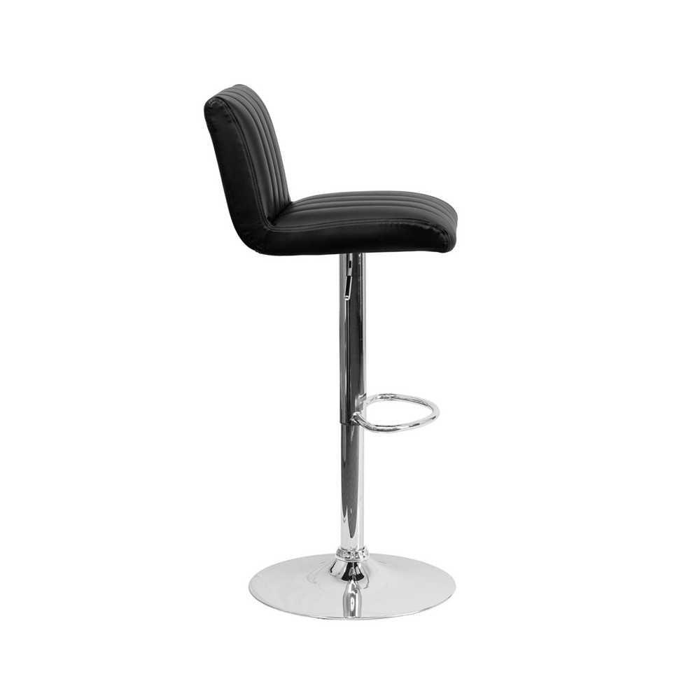 Contemporary Black Vinyl Adjustable Height Barstool with Vertical Stitch Back/Seat and Chrome Base