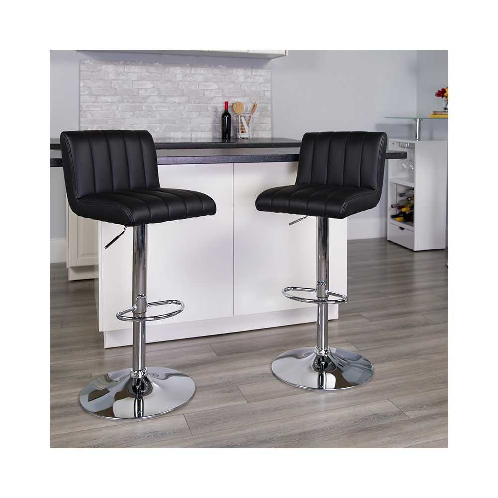 Contemporary Black Vinyl Adjustable Height Barstool with Vertical Stitch Back/Seat and Chrome Base