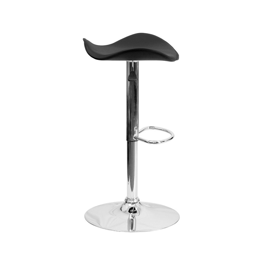 Contemporary Black Vinyl Adjustable Height Barstool with Wavy Seat and Chrome Base