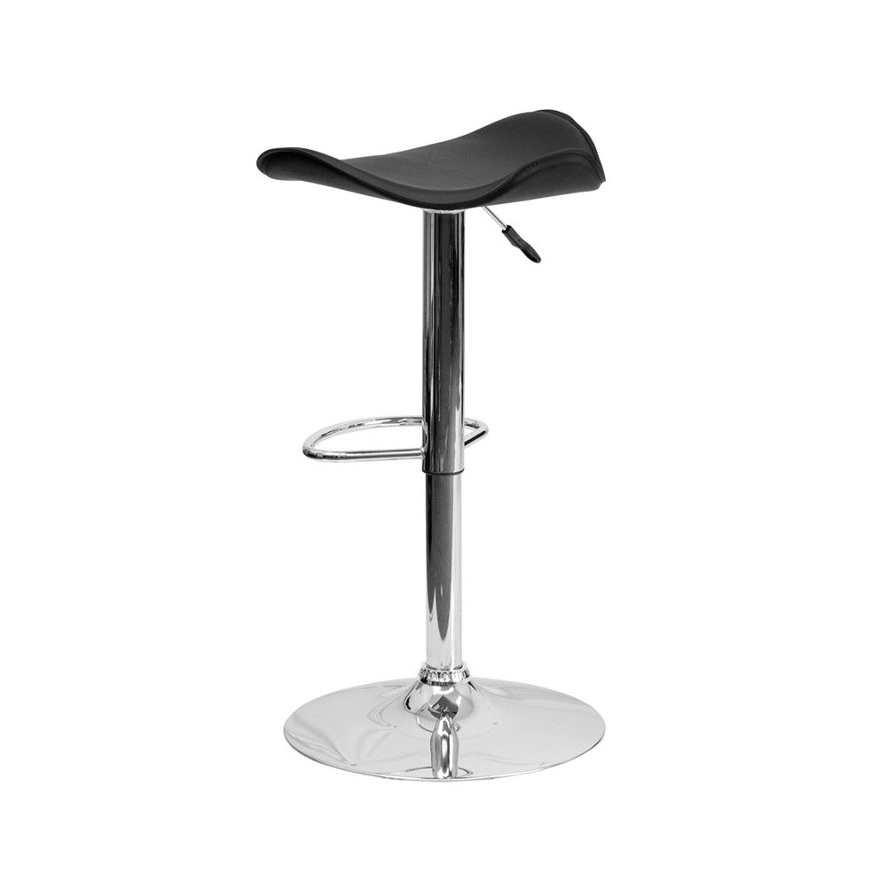 Contemporary Black Vinyl Adjustable Height Barstool with Wavy Seat and Chrome Base