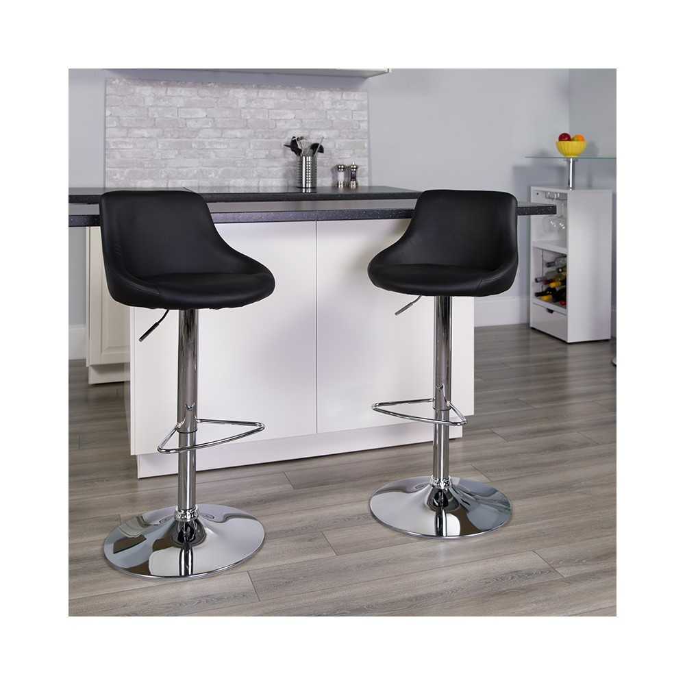 Contemporary Black Vinyl Bucket Seat Adjustable Height Barstool with Chrome Base