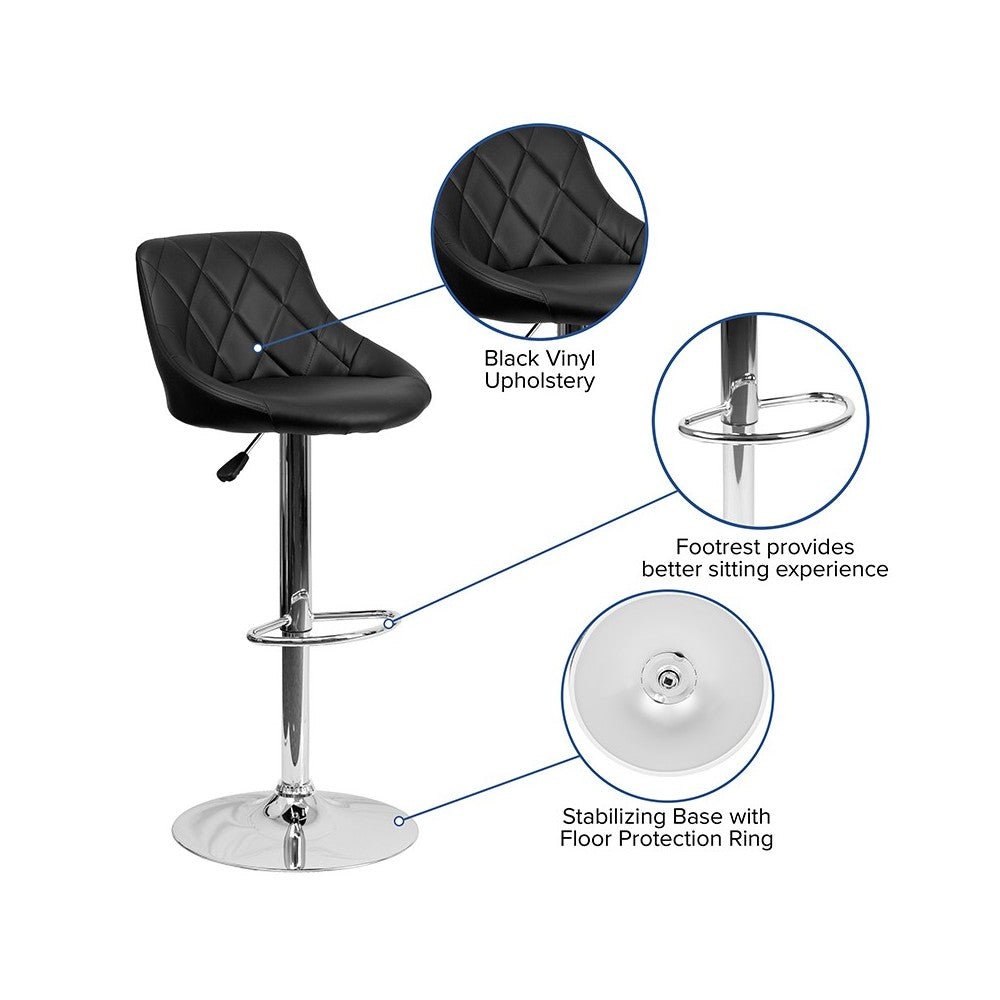 Contemporary Black Vinyl Bucket Seat Adjustable Height Barstool with Diamond Pattern Back and Chrome Base