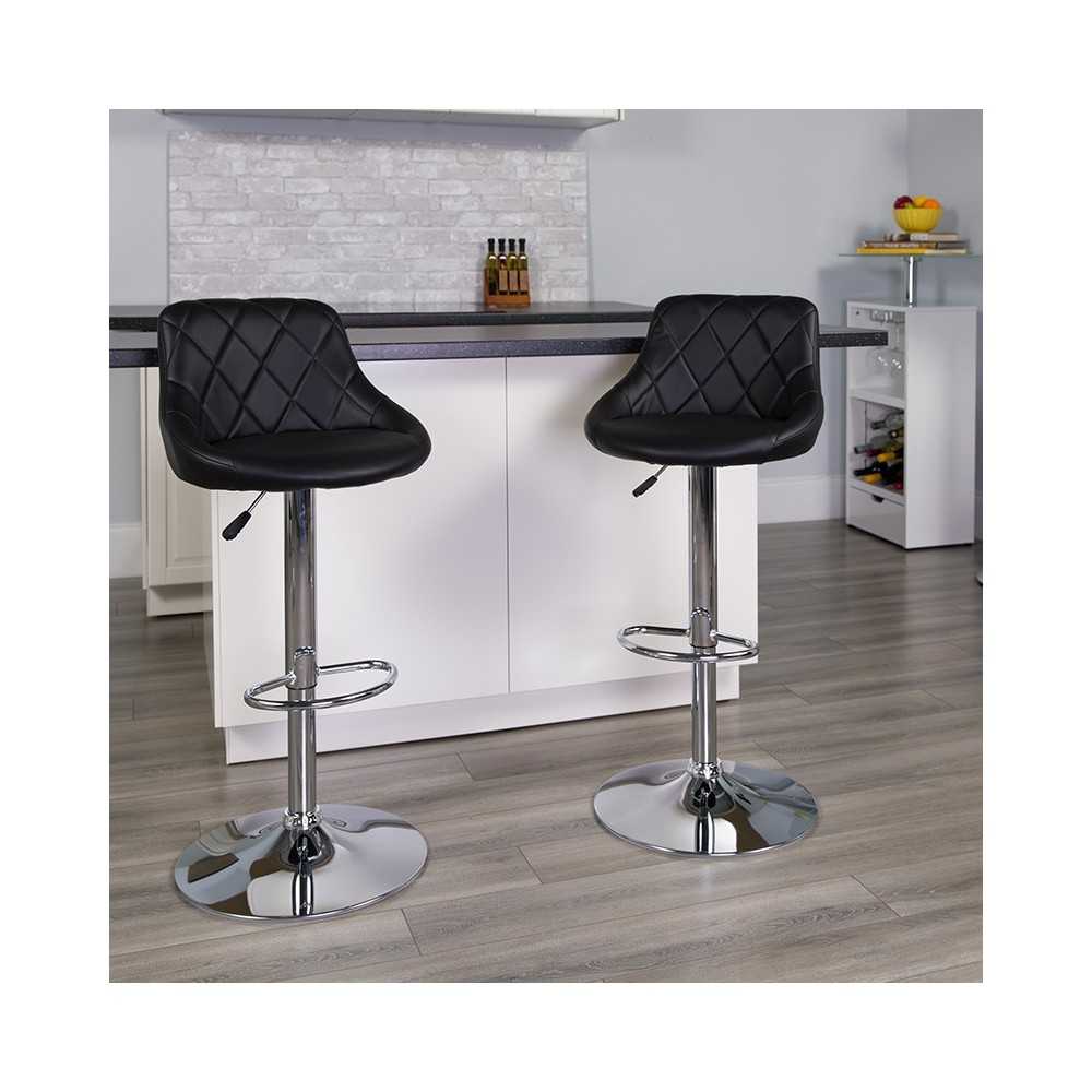Contemporary Black Vinyl Bucket Seat Adjustable Height Barstool with Diamond Pattern Back and Chrome Base