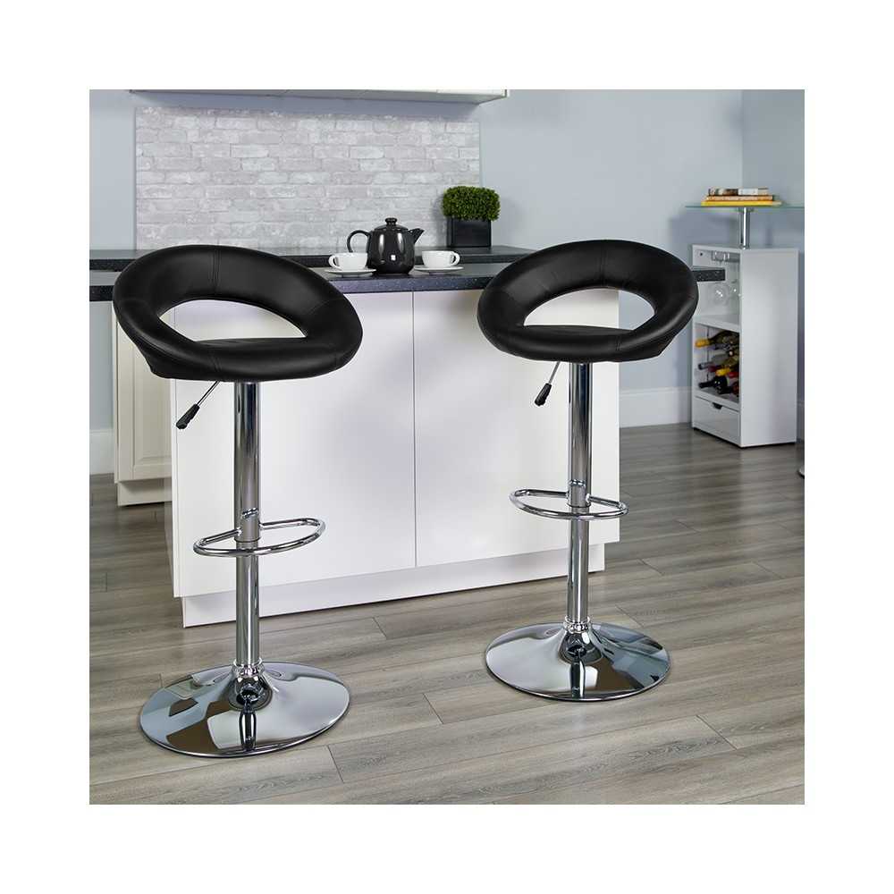 Contemporary Black Vinyl Rounded Orbit-Style Back Adjustable Height Barstool with Chrome Base